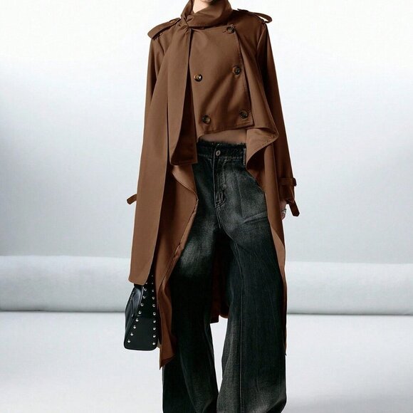 Jackets & Blazers - Chocolate Brown Casual Women's Double-Breasted Trench Coat